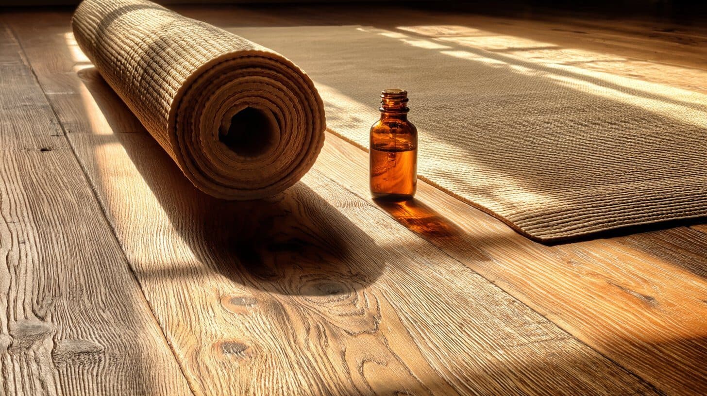 Yoga mat and amber bottle in morning light